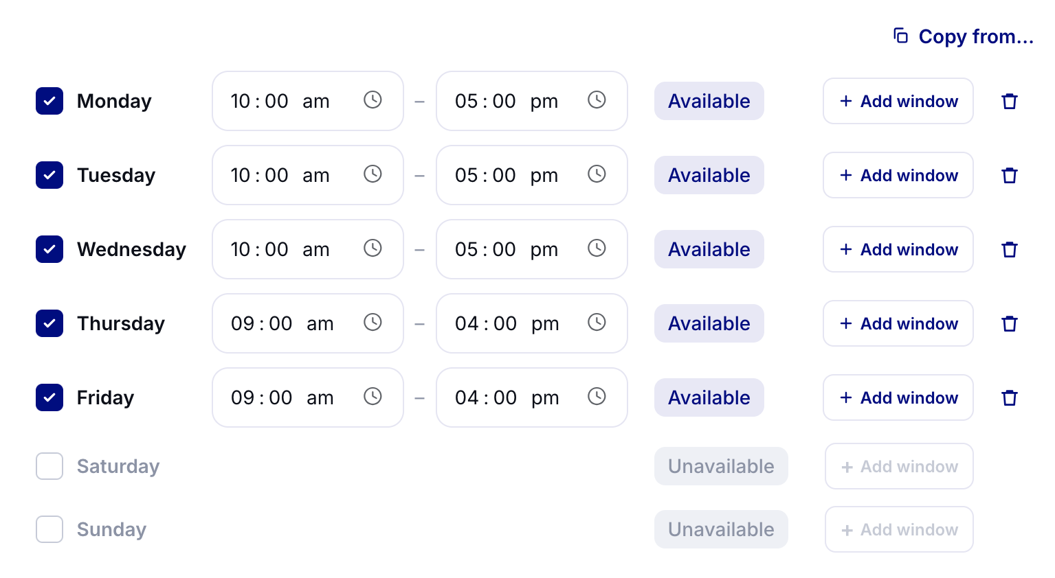 Weekly availability schedule from Monday to Sunday