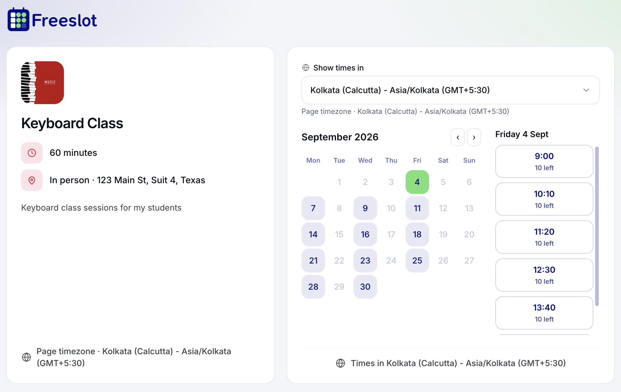 Group series booking page on Freeslot