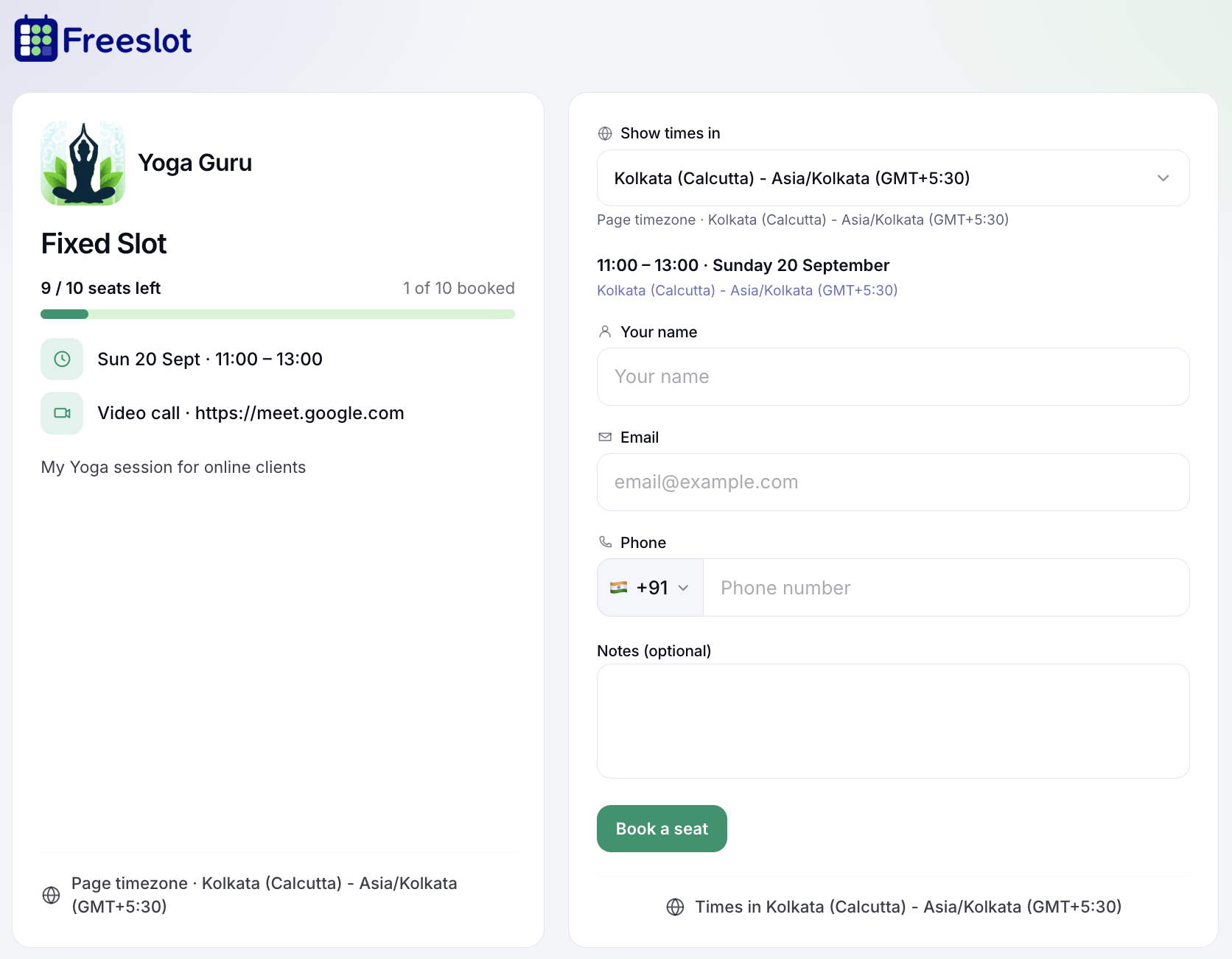 Group session booking page on Freeslot