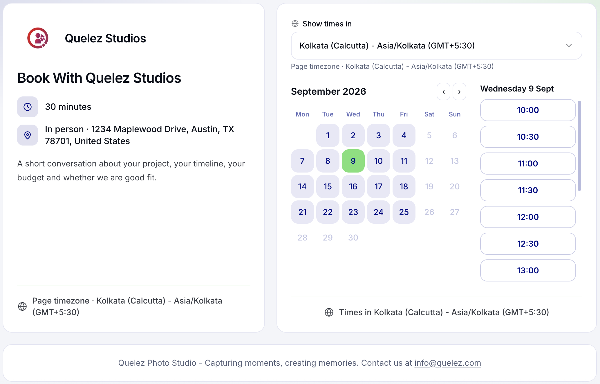 Quelez Studios booking page with calendar and time slots